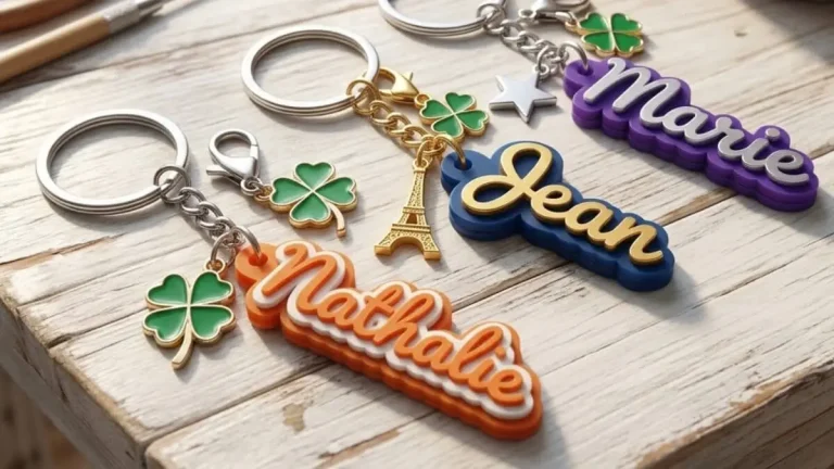 Porte-clés prénom personnalisés imprimés en 3D avec charms trèfle, posés sur une table en bois d'atelier en Alsace