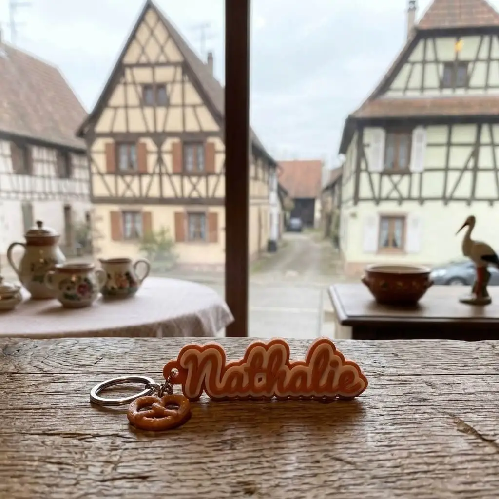 Porte-clés personnalisé imprimé en 3D avec le prénom Nathalie et un charm bretzel, posé sur une table en bois devant des maisons à colombages typiques d'Alsace à Bischheim.